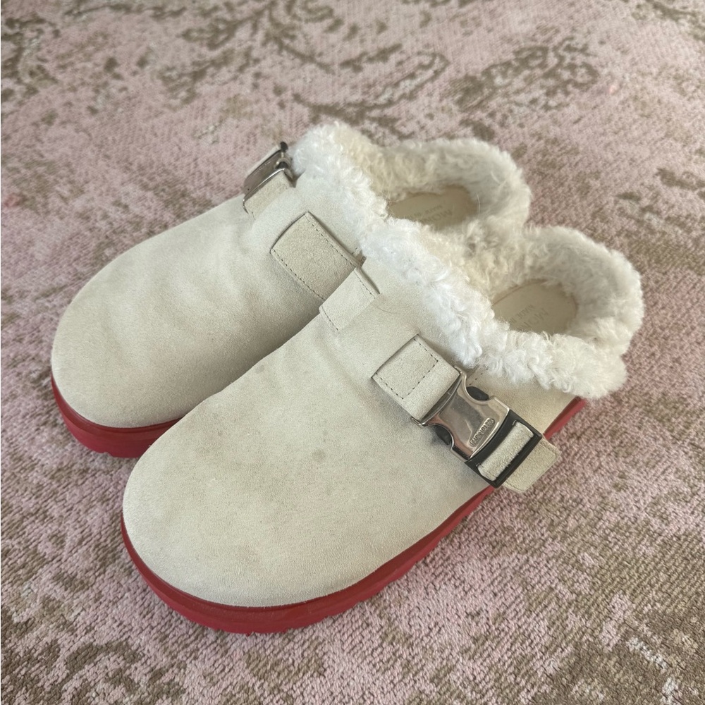 Moncler Mon Mule Cream Suede Shearling Slides With Red Rubber Sole